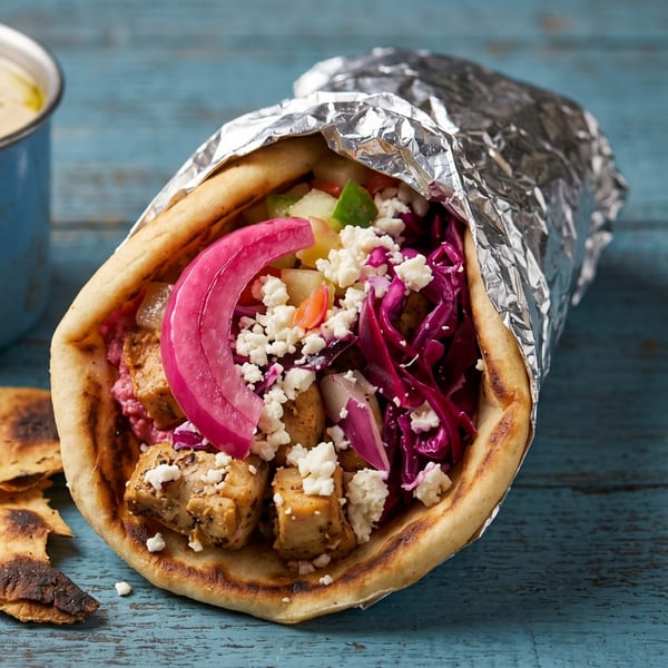 A pita wrap filled with tofu, red cabbage, pickled onions, and feta cheese, on a blue wooden surface.