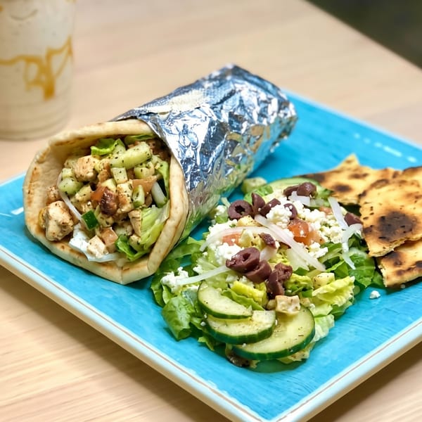 Chicken gyro with a side salad topped with feta, olives, and pita bread on a blue plate.
