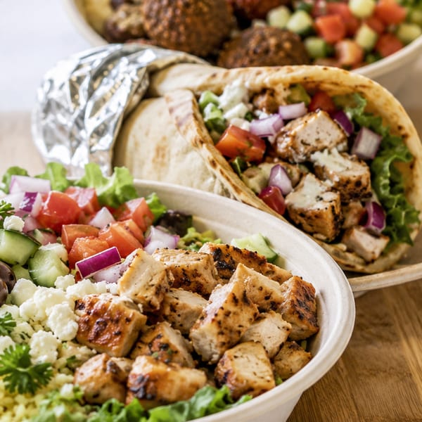 Chicken shawarma bowl with salad and a chicken pita wrap, with falafel in the background.