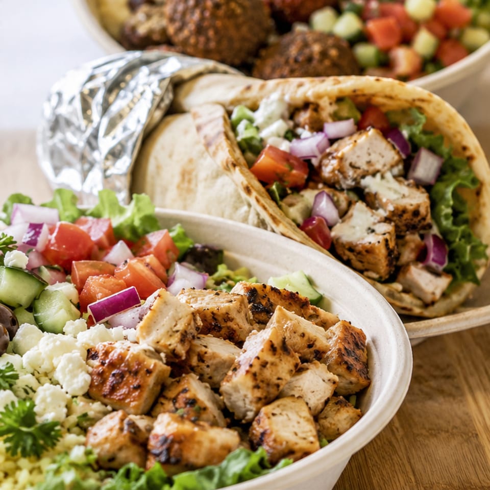 Chicken shawarma bowl with salad and a chicken pita wrap, with falafel in the background.