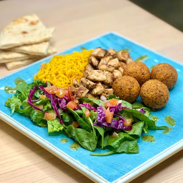 A vibrant blue plate holds falafel, chicken, yellow rice, and a fresh green salad with pita bread.