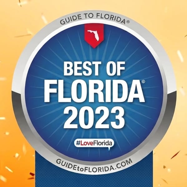 Guide to Florida's "Best of Florida 2023" award badge on a gold background with confetti.