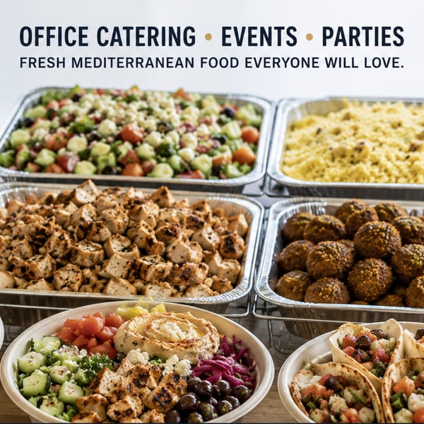 Mediterranean catering spread with salads, chicken, falafel, rice, and bowls with hummus and pita.