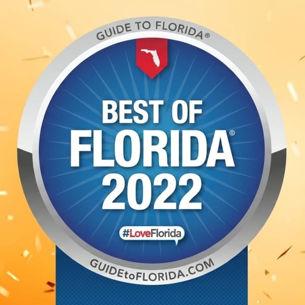 Blue and silver circular badge with "Best of Florida 2022" text and a Florida map icon.