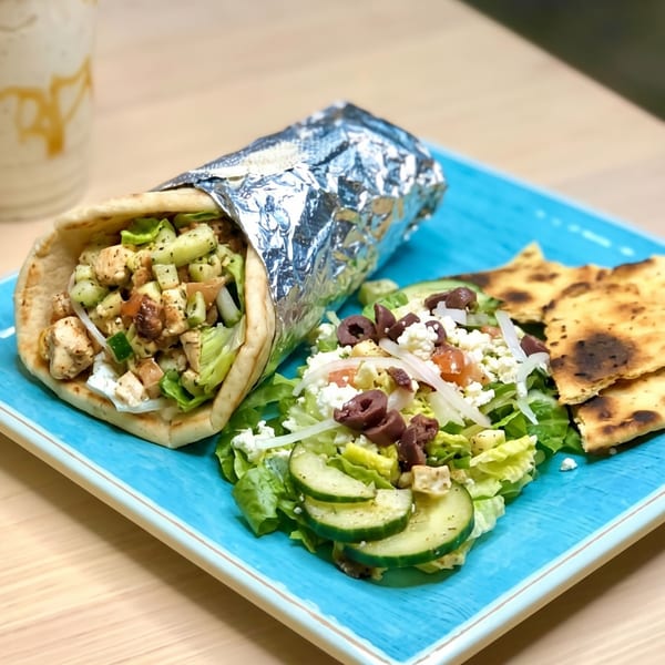 Chicken gyro with a side salad topped with olives and feta, and pita bread.