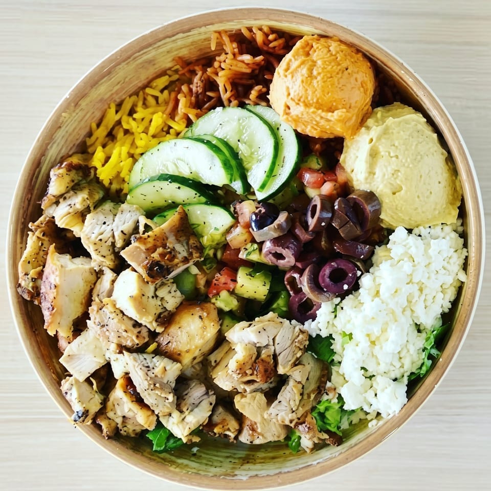 Overhead view of a colorful Mediterranean bowl with chicken, rice, hummus, cucumbers, olives, and feta.