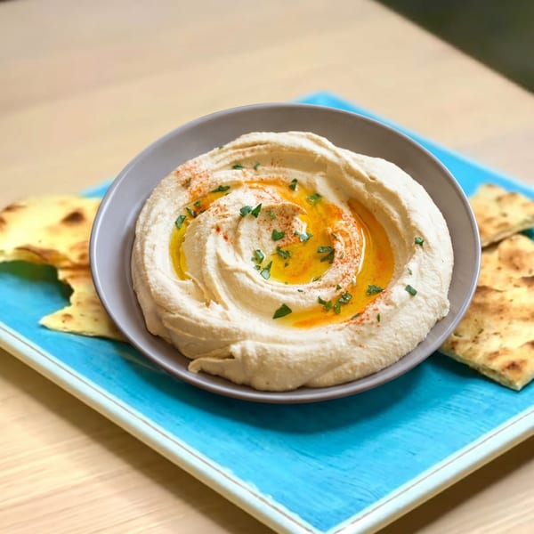 Creamy hummus drizzled with olive oil and sprinkled with paprika and parsley, served with pita bread.