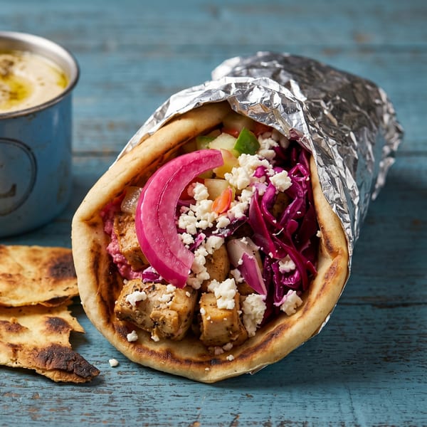 A chicken gyro with red cabbage, feta, and pickled onions, next to hummus and pita bread.
